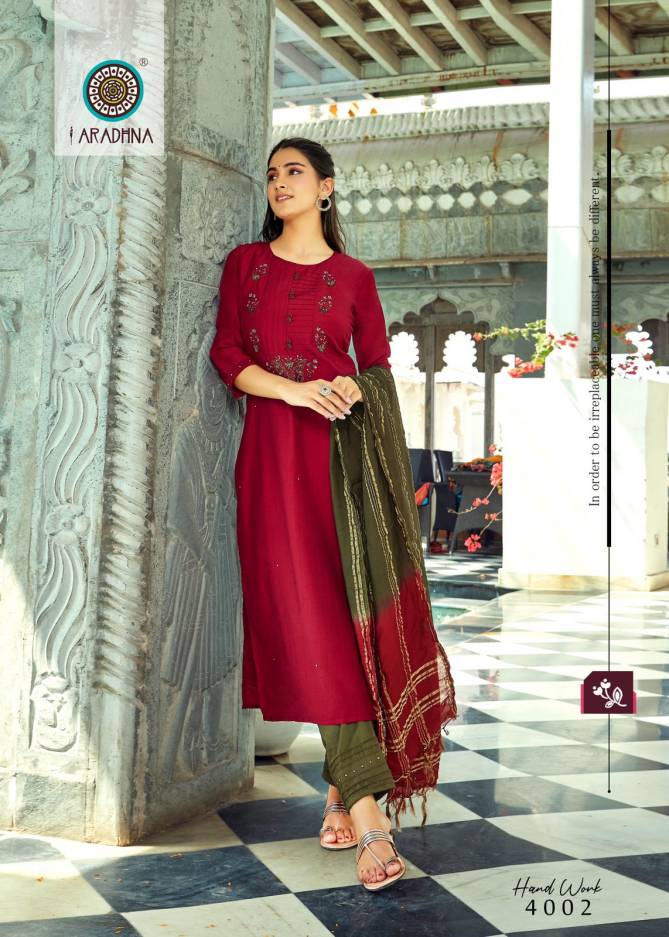 Aradhna Hand Work 4 New Exclusive Wear Fancy Kurti With Pant And Dupatta Collection